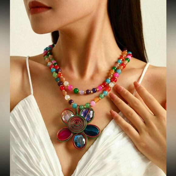 Rainbow Beaded Flower Pendant Necklace – Bold, Colorful & Totally Joyful! - Picture 3 of 12